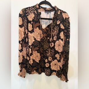 Adrianna Papell Floral Long Sleeve Black and Tan Blouse -‎ Size L